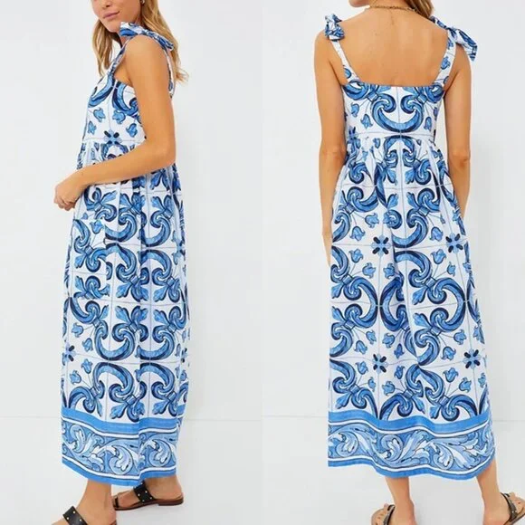 Tuckernuck Blue and White Printed Tie-Shoulder Maxi Dress - Picture 2 of 9